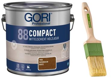 GORI 88 Compact-Lasur – Mittelschichtige Holzlasur (2,50 Liter) - Nussbaum + Profi Pinsel